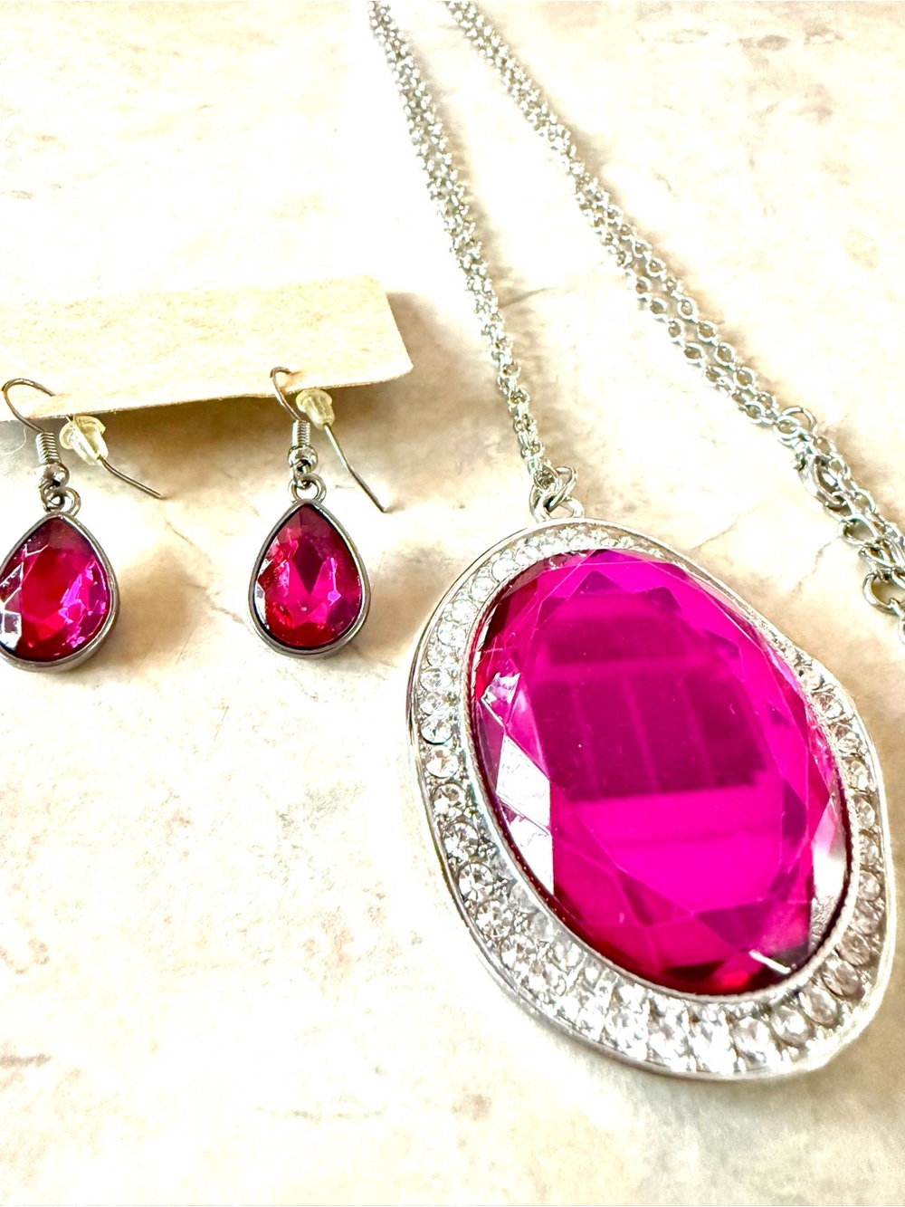Hot Pink Crystal Pendant Necklace and Drop Earrings Set